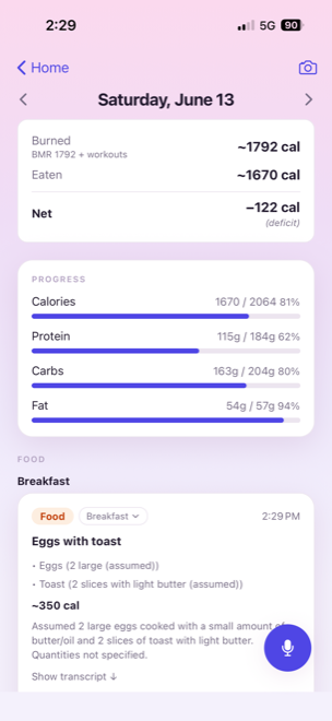 My Track Record daily view — calories, macros and logged meals