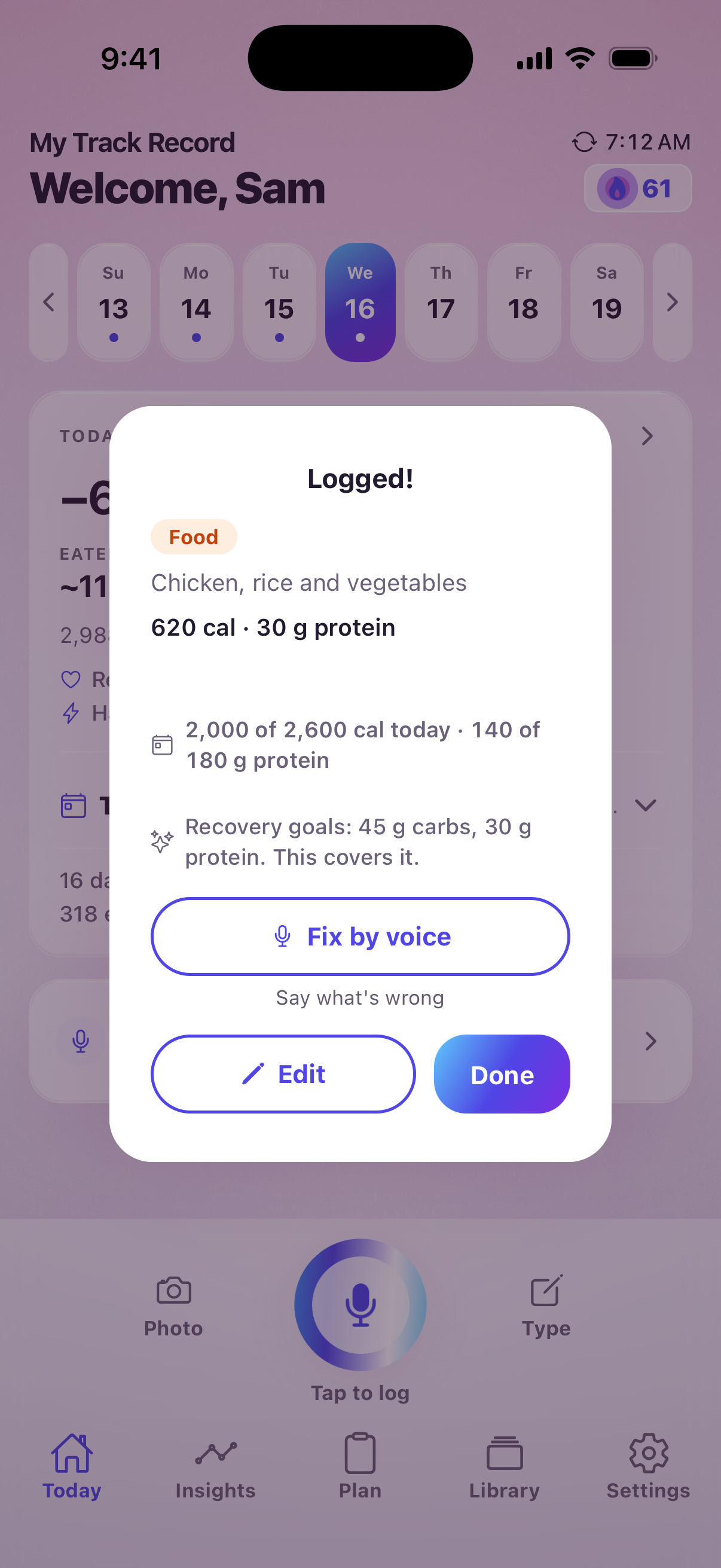 The success card after a logged lunch on a sample account: the entries with their estimates, the running total, and the coach's line under it — recovery goals, 45 grams of carbs, 30 grams of protein, this covers it.