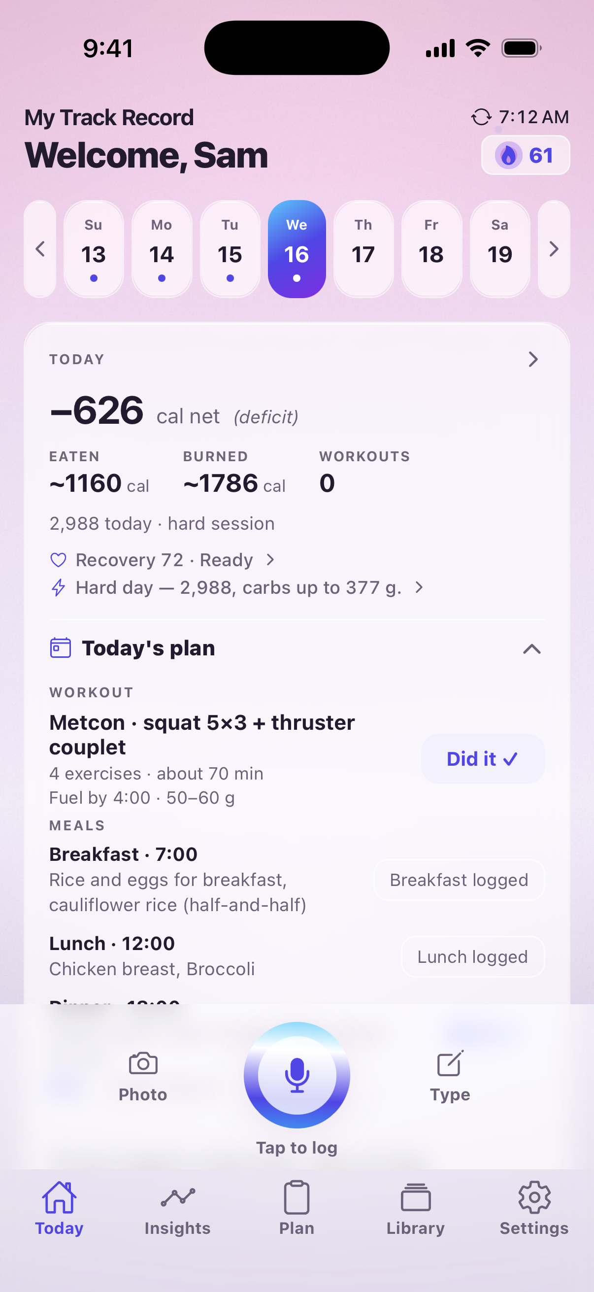 Home on a sample account with today's plan row — a CrossFit metcon: squat 5 by 3 plus a thruster couplet — and the fuel line under it: Fuel by 4:00, 50 to 60 grams.
