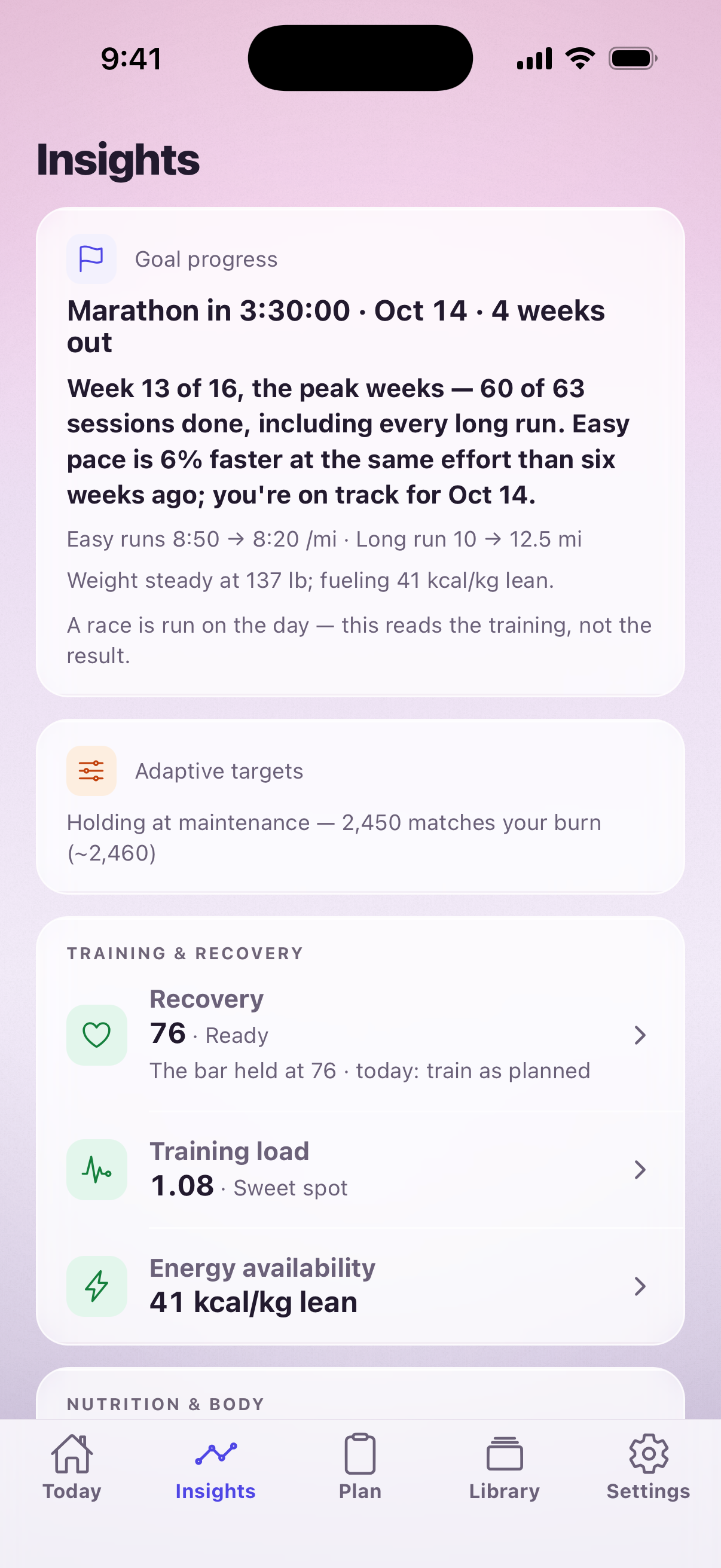 The Insights tab on a sample account: the Goal progress card at the top reading Marathon in 3:30:00, October 14, four weeks out, with the week of the plan, the sessions done, the pace trend and the weight-and-fueling line under it.