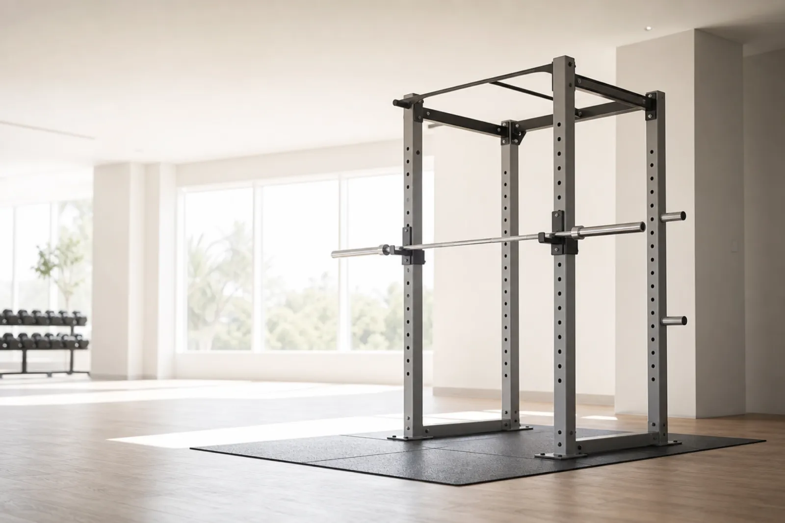 An empty power rack in a bright gym