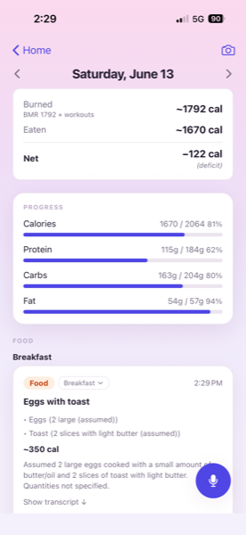 My Track Record daily view with calories and logged meals